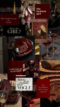 the collage shows many different types of red and gold items, including an old fashion car