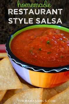 homemade restaurant style salsa in a bowl with tortilla chips