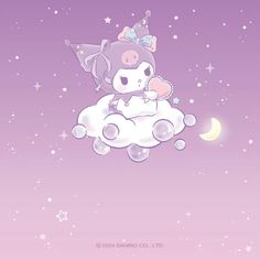 an animal sitting on top of a cloud with stars and moon in the sky behind it