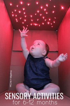 a baby sitting in a red box with the words sensory activities for 6 - 12 months