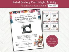 an advertisement for the crafty social event with sewing machine and instructions to sew