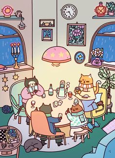 an animated image of cats sitting around a table