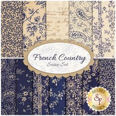 the french country fabric collection is shown in blue and white, with floral designs on it