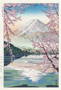 a painting of a mountain with cherry blossoms in the foreground and water below it