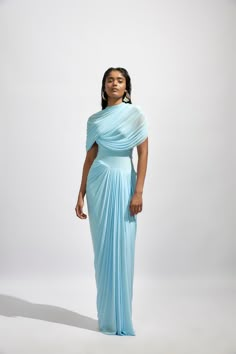 Draped in a unique fashion, this maxi dress features a fully draped top and bottom with pleated accents for a luxurious touch.- Uniquely draped dress - A fully draped top and bottom with pleated accents Composition: 80% Malai Lycra & 20% Net Model wears size: S Baby Blue Maxi Dress, Pleated Drapes, Blue Maxi Dress, Draped Top, Lingerie Outfits, Blue Maxi, Pleated Maxi Dress, Outfit Look, Dresses By Length