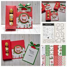 several pictures of christmas cards and envelopes with holiday decorations on them, including candy bar wrappers