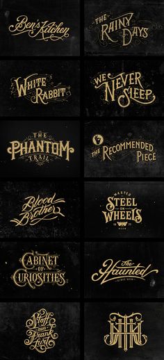 many different types of lettering are shown in gold and black colors, with the words written on