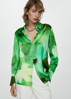 Satin print shirt - Woman | MANGO USA Print Shirts Women, Satin Button Up, Collar Pattern, Green Satin, Clothing Care, Print Shirt, Maternity Clothes, Types Of Collars, Jean Coat