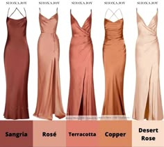 four different colored dresses are shown in the same color scheme, each with their own name