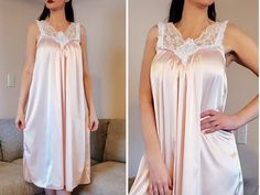 "Here we have luxurious authentic Christian Dior pink nightgown. This beautiful vintage gown features lace detail, soft satin material and side slits. Size: Petite - This could also fit a size Small/Medium as well (model shown is 6 feet tall and wears a 6/8 dress and 34DD bust and this nighty fit beautifully) 31.5-38\" in length 9.5\" arm openings 18\" across from underarm to underarm 24.5\" across the waist 29\" across the hips Lovely vintage condition - no flaws to mention! As always, shipping Satin Nighty, Square Dance Dresses, Pink Nightgown, Dior Pink, Peignoir Sets, Lingerie Vintage, Old Hollywood Glam, Vintage Nightgown, Curvy Women Outfits