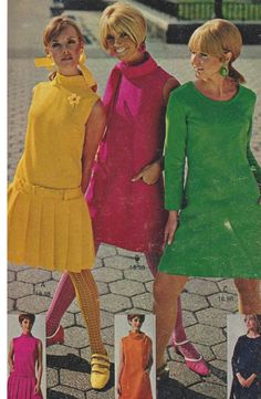 Sixties brights 60s fashion style shift dress yellow pleats pink green color photo print ad Sixties Dresses, Dresses And Shoes, Outfits Classy