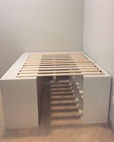 the bed frame is made up and ready for us to use