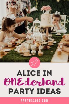 an alice in wonderland party with pink and white decorations