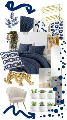 a collage of blue and white items including a bed, chair, mirror, plant