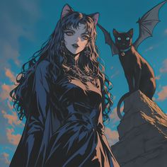 a woman with long hair standing next to a black cat on top of a hill