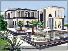 an artistic rendering of a mansion with fountain and palm trees