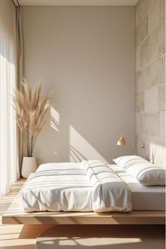 Minimalist bedroom with natural wood textures and stone accents creating warmth