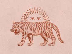 a drawing of a tiger walking with the sun in the sky above it's head