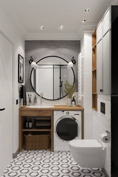 a bathroom with a toilet, sink and mirror