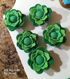 cupcakes decorated with green icing and fondant flowers