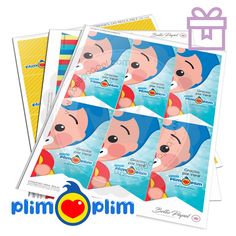 three sheets of paper with images of children's faces and the words plimplin on them