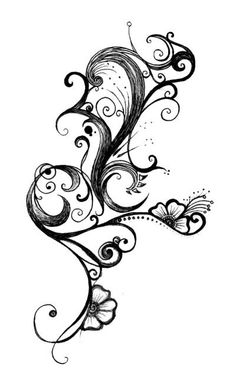 a black and white drawing of an abstract flower with swirly leaves on it's side