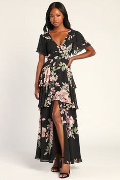 Black Floral Print Maxi Dress For Prom, Black Flowy Floral Print Dress, Black Floral Print Maxi Chiffon Dress, Black Off-shoulder Maxi Dress With Floral Print, Black Floral Print Floor-length Maxi Dress, Black Wedding Guest Dresses, Dresses Flowy, Pink Floral Maxi Dress, Heavy Dresses