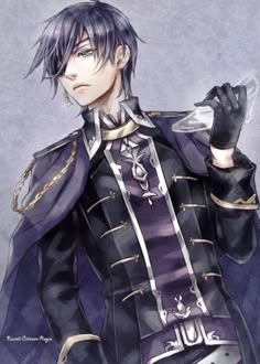 an anime character with purple hair and black clothes