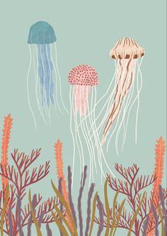 two jellyfishs are swimming in the water near seaweed and corals on a blue background