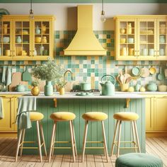 a green and yellow kitchen with stools