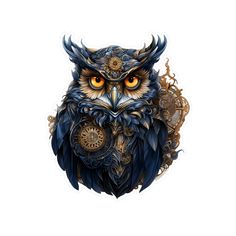 an owl with yellow eyes and steampunks on it's face is shown