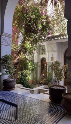 an outdoor area with potted plants and tiled flooring