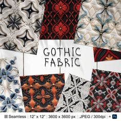 several different types of fabric with the words gothic fabric written in black and white on them