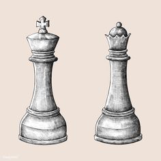 a black and white drawing of two chess pieces, one king and the other queen