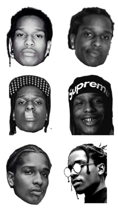 six black men with different hats and glasses on their heads, all wearing beanies