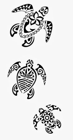 three turtle tattoos are shown in black and white