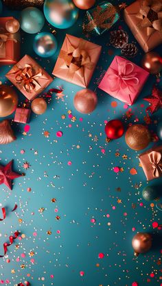 christmas presents and confetti on a blue background