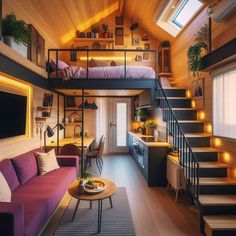 a loft bed with stairs leading up to the top floor and a couch underneath it