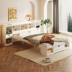 a bed room with a neatly made bed next to a window and wooden flooring