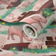 an animal themed wallpaper with pink pigs and green grass on it's side