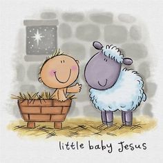 a little baby jesus is standing next to a sheep