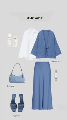 Set Hijab Outfit, Blue Outfit Combination, Blue Skirt Outfit Ideas, Summer Outfit Hijab, Hjab Clothes, Stylish Modest Outfits, Blue Skirt Outfit, Summer Hijab Outfits, Skirt Outfits Hijab