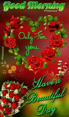 good morning card with red roses and green leaves