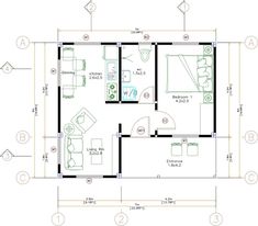 the floor plan for a small house with two bedroom and living room, as well as kitchen