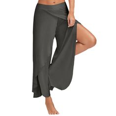 High Slit Flowy Layered Palazzo Pants - Deep Gray - 3W22964652 - Women's Clothing, Women's Bottoms, Women's Trousers & Pants  #WomensTrousersPants #Women's #Clothing # #Women's #Bottoms # #Women's #Trousers #& #Pants Wide Leg Yoga Pants, Summer Pants Women, Mesh Bodycon Dress, Yoga Fashion, Plus Size Pants, Hipster Fashion, Pantalon Large, Grey Pants