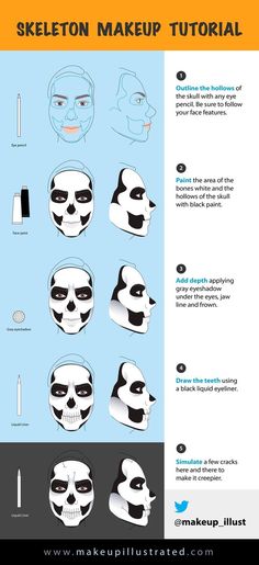 Skeleton Makeup Tutorial, Make Up Guide, Skeleton Makeup, Sugar Skull Makeup, Halloween Makeup Inspiration