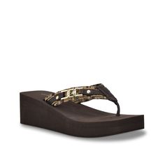 Guess-Ediva Wedge Sandal Explore the town in eye-catching style with the Ediva wedge sandal by Guess. This flip flop elevated by a matching platform and wedge gets eccentric with textured straps and a refined logo accent. Wedge Sandals, Dark Brown, Flip Flops, Wedges, Sandals