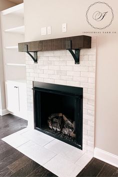 a fireplace with an easy to install sign above it