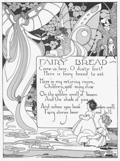 an illustration from fairy bread, with the poem written in black and white on it