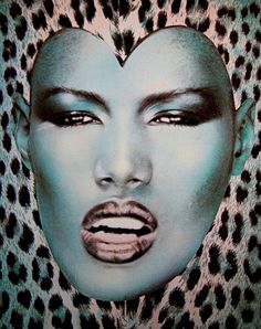 an advertisement for style icon grace jones featuring a woman's face and leopard print